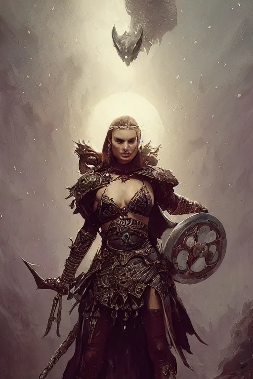 Prompt: natalie portman, legendary warrior, heroic fighter, diablo, fighting fantasy, tattoos, decorative ornaments, battle armor, by carl spitzweg, ismail inceoglu, vdragan bibin, hans thoma, greg rutkowski, alexandros pyromallis, perfect face, finely detailed, realistic shading