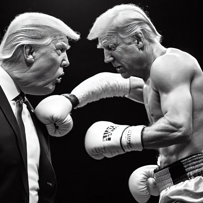 Prompt: boxing match of joe biden and donald trump, b & w detailed sharp photo