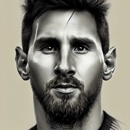 Image similar to a well designed portrait of Messi , detailed, realistic, sketch style, Greg Rutkowski, 8K resolution.