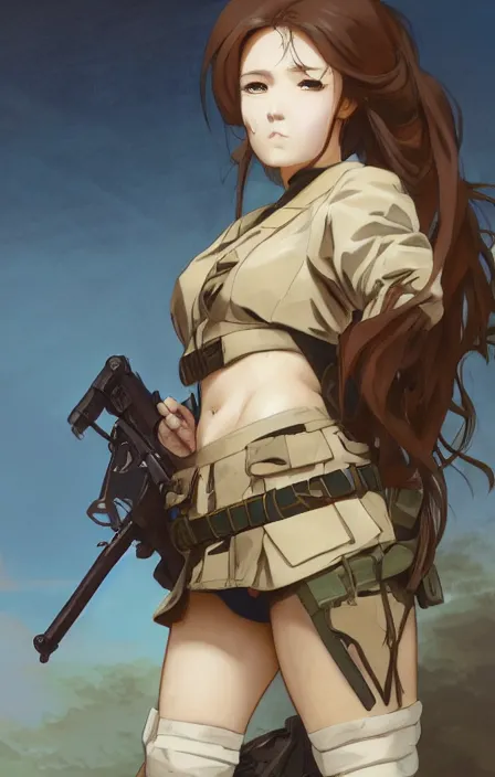 Image similar to infantry girl, anime style, symmetrical facial features long hair, hair down, under heavy fire, explosions, hyper realistic, pale skin, rule of thirds, extreme detail, 4 k, detailed drawing, trending artstation, realistic shading, visual novel cg, by alphonse mucha, greg rutkowski, sharp focus, backlit, fast helmet