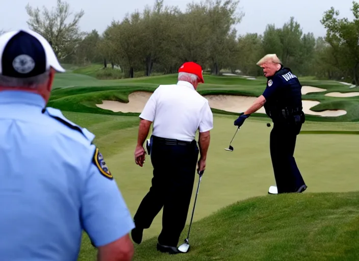 Prompt: arrested senior man with facial features like Donald Trump taken away by FBI at golf course, photo, photo by Alex Webb