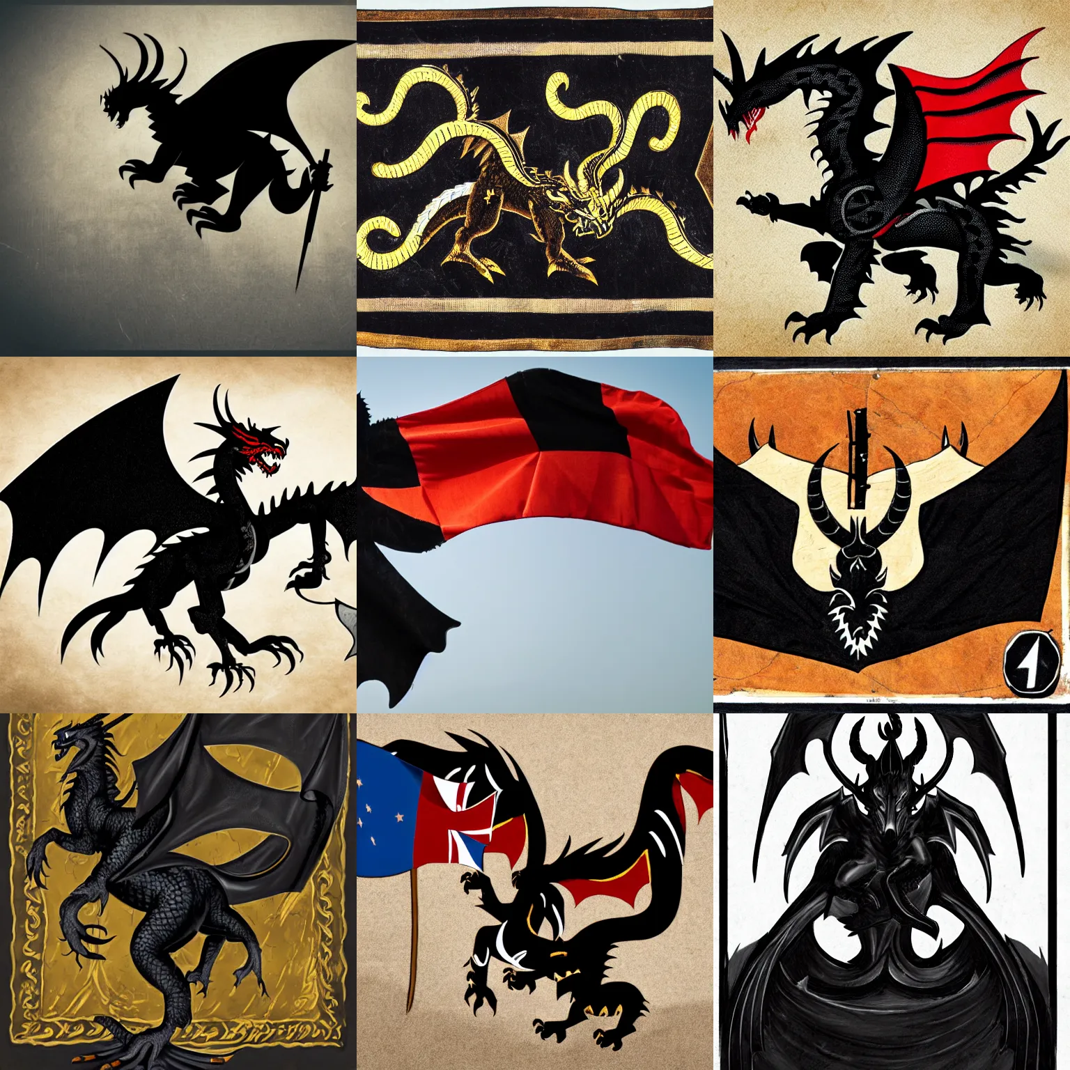 Prompt: a black western dragon with four horns, waving a flag with lambda symbol