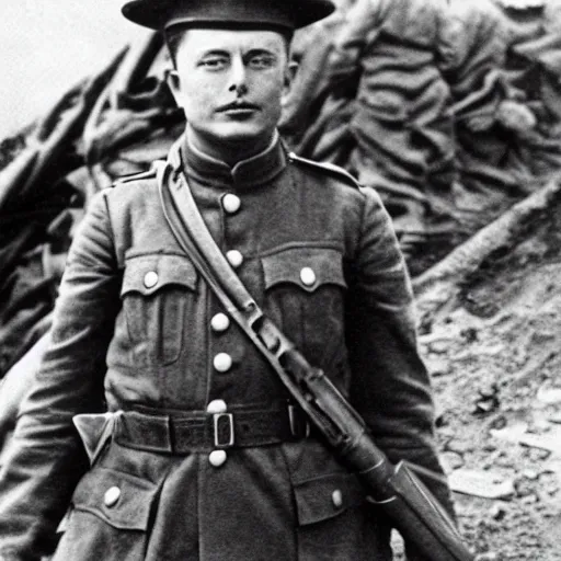 Prompt: Elon Musk as a soldier, ww1 trench, war photo, film grain