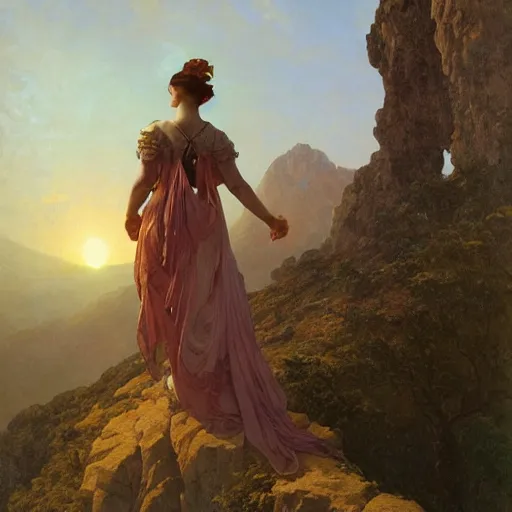 Image similar to an ultradetailed matte landscape painting of mountain sized sculpture of a beautiful and elegant woman, sunrise on the horizon in the background, stone hand raised up, 8 k, art by greg rutkowski and alphonse mucha and andreas rocha and albert bierstadt