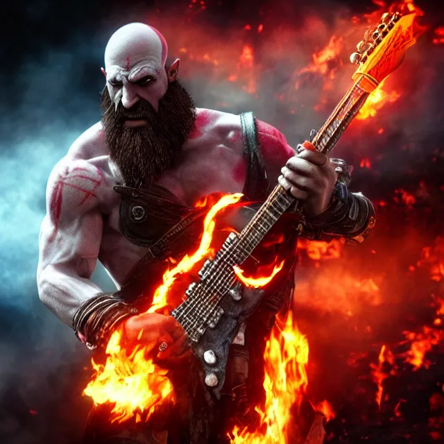 Prompt: kratos rocking out on a flaming stratocaster guitar, cinematic render, god of war 2 0 1 8, playstation studios official media, sunglasses