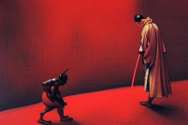 Image similar to only with red, a red samurai do seppuku, tokio, a lot of frogs watch, in the style of beksinski, parts by edward hopper, parts by rodcenko, parts by yue minjun, intricate and epic composition, red by caravaggio, insanely quality, highly detailed, masterpiece, red light, artstation, 4 k