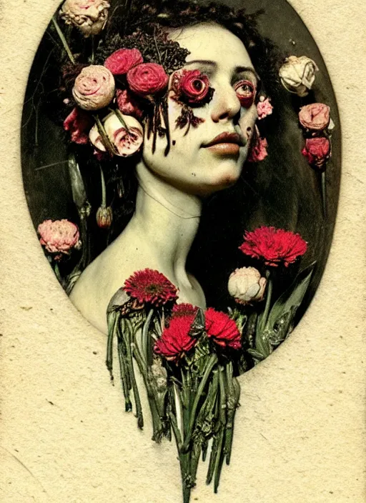 Image similar to beautiful and detailed rotten woman made of plants and many types of stylized flowers like carnation, chrysanthemum, roses and tulips, greek ornamentation, intricate, surreal, john constable, guy denning, gustave courbet, caravaggio, romero ressendi 1 9 1 0 polaroid photo