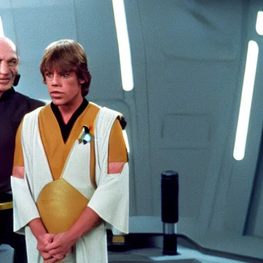 Prompt: Luke Skywalker visiting the Star Trek TNG bridge with Picard