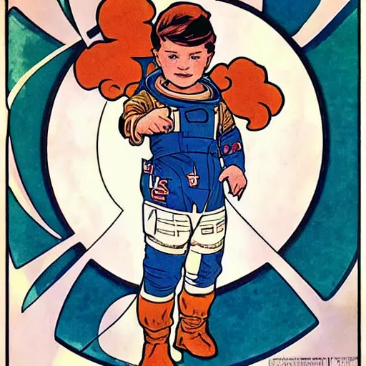 Prompt: a cute little boy with a mischievous face and short ginger hair. he is dressed as an astronaut. well composed, clean elegant painting, beautiful detailed face. comic book art by steve ditko and jack kirby and ( alphonse mucha )