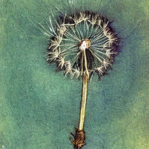 Prompt: a beautiful fairytale painting of a dandelion seed that looks like a fairy. beautiful clear painting by arthur rackham