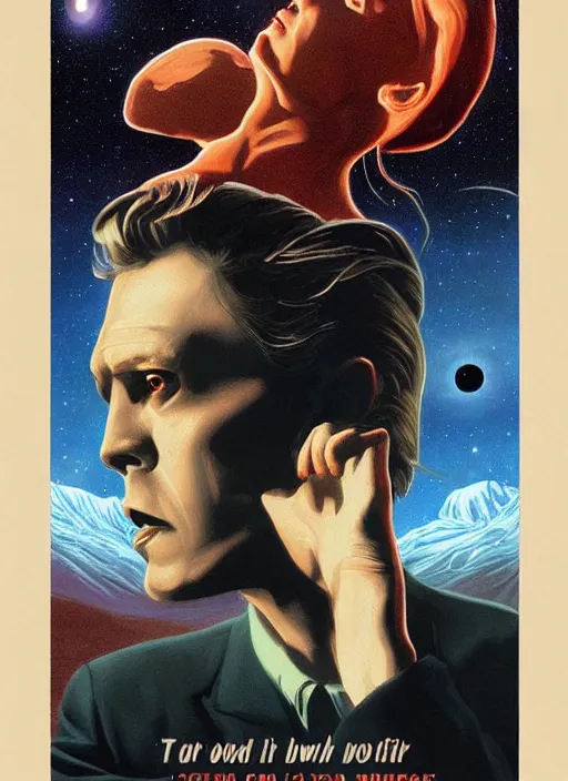 Prompt: twin peaks poster art, david bowie floating through the cosmo outer space, old retro pulp, by michael whelan, rossetti bouguereau, artgerm, nostalgic, old fashioned