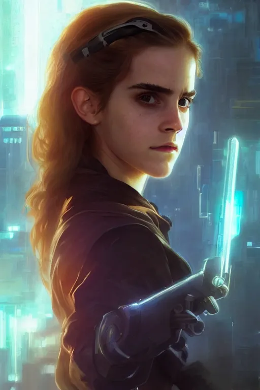 Image similar to portrait of cyborg Emma Watson as Hermione Granger in cyberpunk, neon lighting, night city, digital art from artstation by Ruan Jia and Mandy Jurgens and Artgerm and william-adolphe bouguereau and Greg Rutkowski and Wayne Barlowe