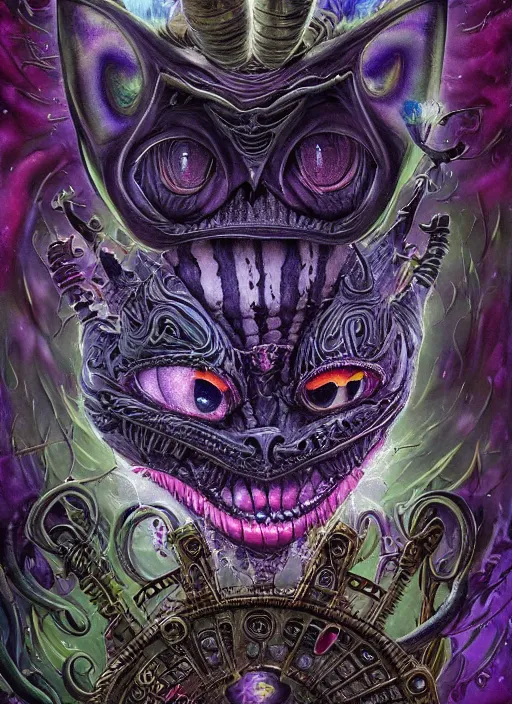 Image similar to cheshire cat, aztec god, alien, highly detailed, cinematic, 8 k, by megan duncanson, benjamin lacombe, adrian borda, stanley artgermm, tom bagshaw, craig mullins, carne griffiths, ayami kojima, beksinski, giger, trending on deviantart, hyper detailed, horror, full of colour