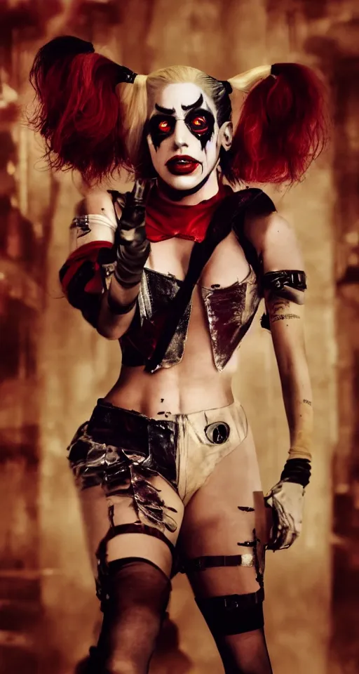 Image similar to photograph of Lady Gaga portraying Harley Quinn in a dancing pose in the movie Joker 2023, moody lighting, award winning photo by Annie Leibovitz, 4k