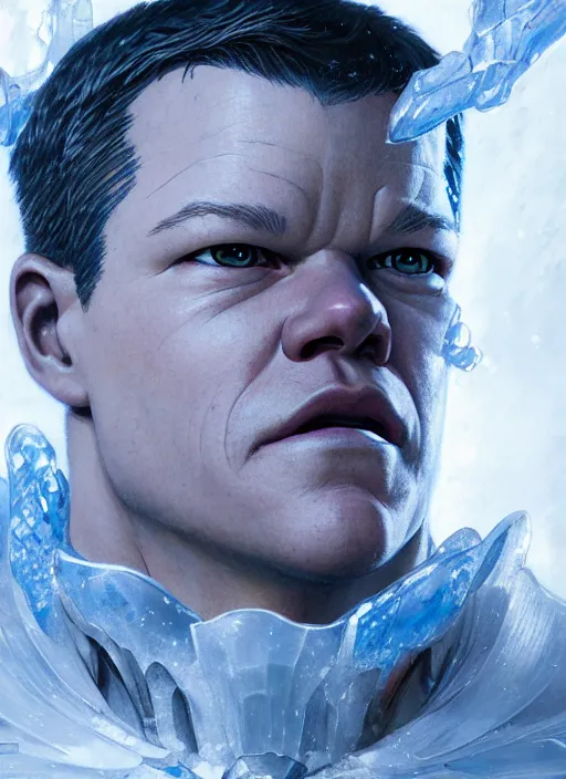 Image similar to character design by james jean, jakub rebelka, tran nguyen, yoann lossel, wadim kashin ( ( ( portrait of matt damon as ice man from xmen ) ) ) emerging from a frozen temple, sharp edges. ultra clear detailed. 8 k. ultra detailed, majestic, intricate