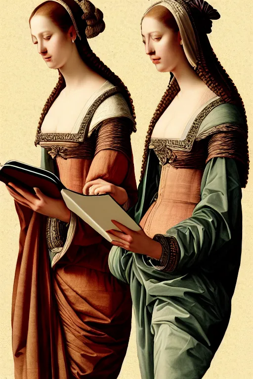 Image similar to portrait of two wise and very beautiful women reviewing some texts, art by tiziano, intricate, elegant, highly detailed, smooth, sharp focus, artstation