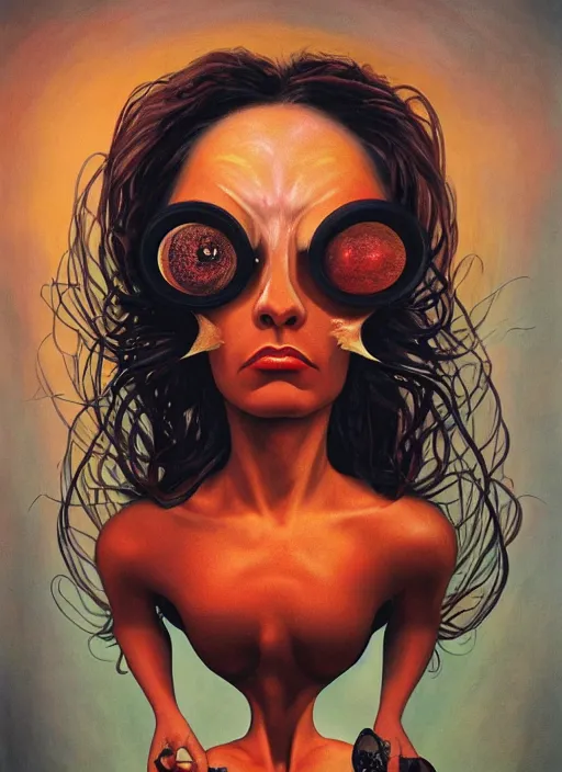 Prompt: strange surrealist, looming, biomorphic portrait of a woman with large eyes, part by jason edmiston, part by howard finster, oil painting, soft light, 4 k, focus on head, cinematic composition, cinematic lighting, high quality octane render, masterpiece