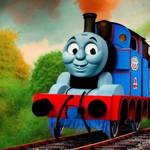 Prompt: cursed horror thomas the tank engine coming to get you, terrifying, found footage, grunge, low-res, trending on artstation