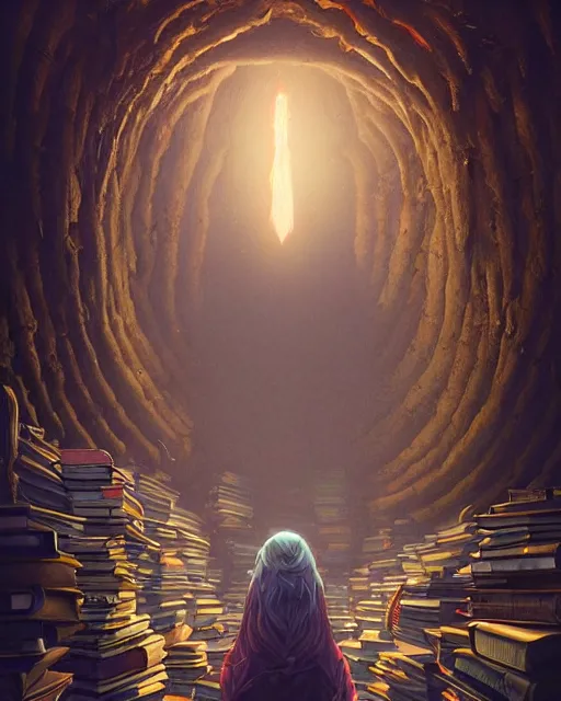 Image similar to highly detailed surreal vfx portrait of a creepy monster in a catacomb of books, stephen bliss, unreal engine, greg rutkowski, loish, rhads, beeple, makoto shinkai and lois van baarle, ilya kuvshinov, rossdraws, tom bagshaw, alphonse mucha, global illumination, detailed and intricate environment