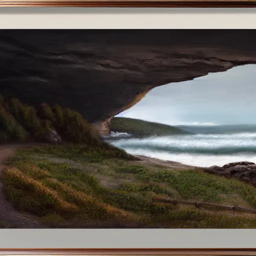 Image similar to a ranch by a ocean cliff, gray skies, aesthetic, oil painting, pale colors, high detail, 8 k, wide angle, trending on artstation,