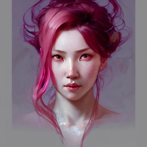 Prompt: Portrait of a eurasian tomboy with pink hair, glowing skin, fantasy, intricate, elegant, highly detailed, digital painting, artstation, concept art, smooth, sharp focus, illustration, art by Krenz Cushart and Artem Demura and alphonse mucha