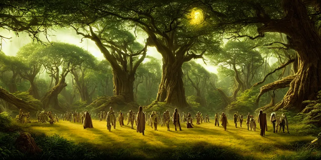 Prompt: star wars in the shire forest, houses, forest, crowd, botanic foliage, big oaks, oaks, trees, grass landscape, dramatic lighting, george andries roth, pieter rudolph kleijn, abraham teerlink,