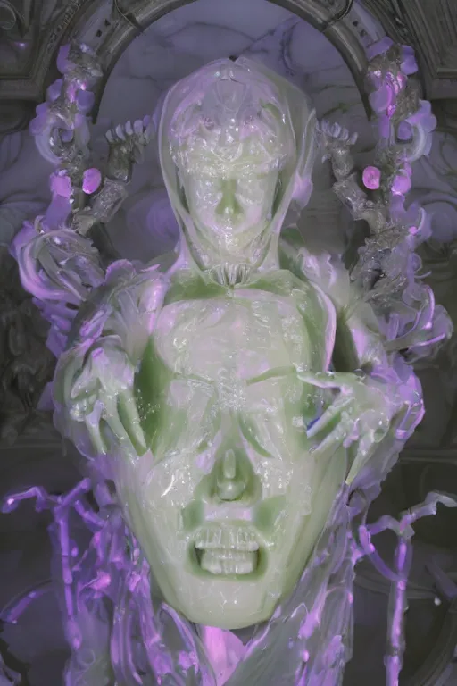 Image similar to photo of fullbody rococo and cyberpunk delicate neon crystalline sculpture of seductive muscular onyx albino marble prince liam payne as an mint iridescent humanoid deity wearing pink plastic hooded cloak holding an onyx skull in a onyx space dungeon, reclining, glowing yellow face, crown of white diamonds, cinematic lighting, photorealistic, octane render 8 k depth of field 3 d