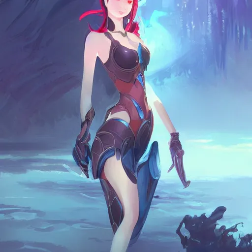 Image similar to fantasy woman in armor looking herself in a pond girl miss attractive eye catching official fanart behance hd artstation by Rossdraws and Jesper Ejsing, by Makoto Shinkai and Lois van baarle, ilya kuvshinov, mystic theme