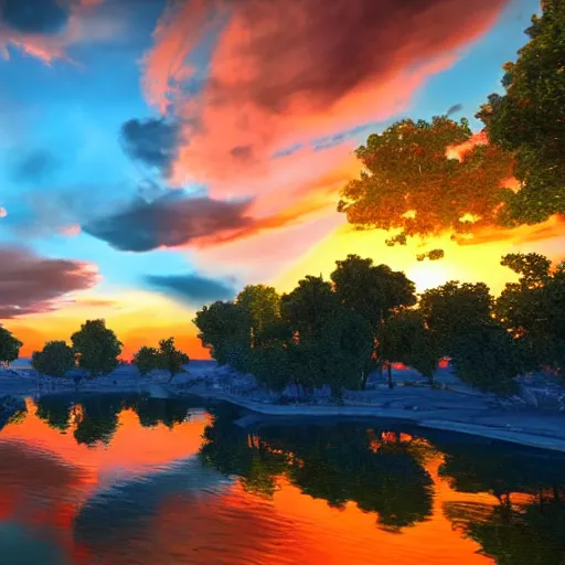 Prompt: beautiful sunset, vibrant colors, 8 k render, unreal engine 5, wonderland