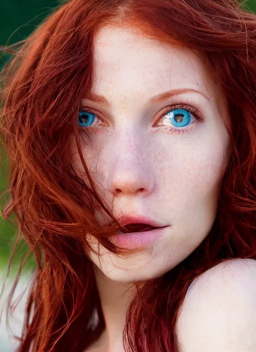 Image similar to close up portrait photograph of a thin young redhead woman with russian descent, sunbathed skin, with deep blue eyes. Wavy long maroon colored hair. she looks directly at the camera. Slightly open mouth, face takes up half of the photo. a park visible in the background. 55mm nikon. Intricate. Very detailed 8k texture. Sharp. Cinematic post-processing. Award winning portrait photography. Sharp eyes.