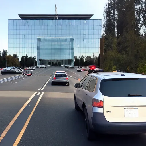 Prompt: John driving past the Apple building on 280 and signaling with his right hand