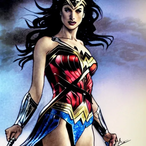 Image similar to Gal Gadot as Wonder Woman, full body illustration by Luis Royo