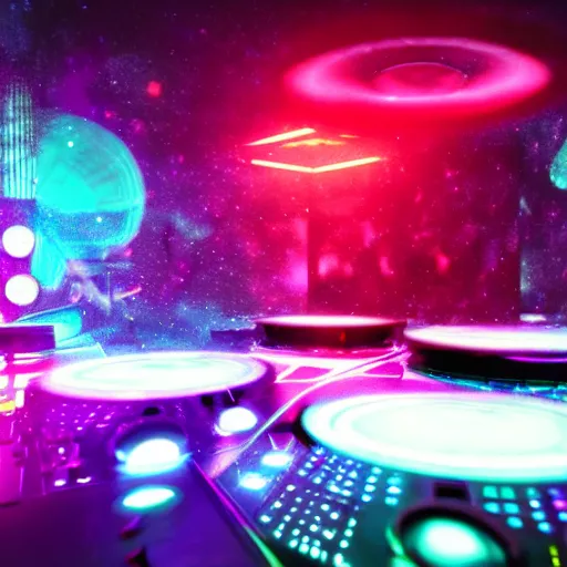 Prompt: hologram dj club stage from the future. alien dj turntables. gigantic speakers with lasers and lights. octane render 4k