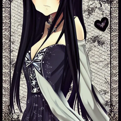 Image similar to beautiful illustration of anime maid, stunning and rich detail, pretty face and eyes. Gothic style, clear and perfect anatomy. Full-body shot from the side