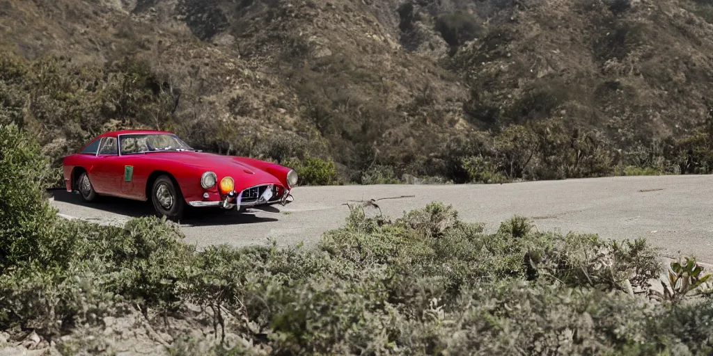 Prompt: photograph, 1958 FERRARI 250 GT, by Peter Singhof, press release, cinematic, malibu canyon, 8k, depth of field, bokeh. rule of thirds