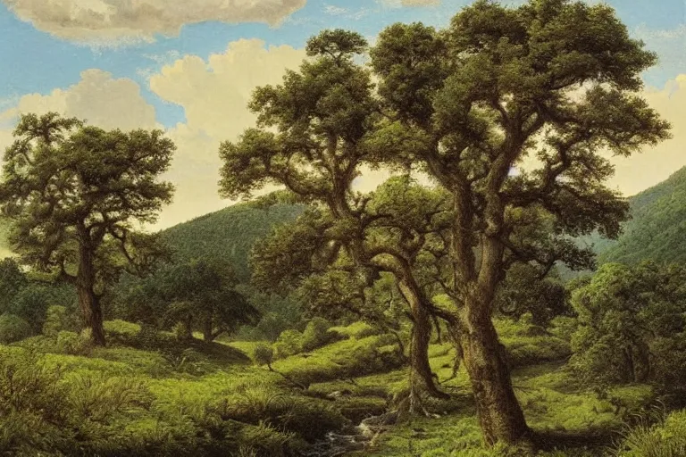 Image similar to masterpiece print of oak trees on a hillside overlooking a creek, by william seltzer rice