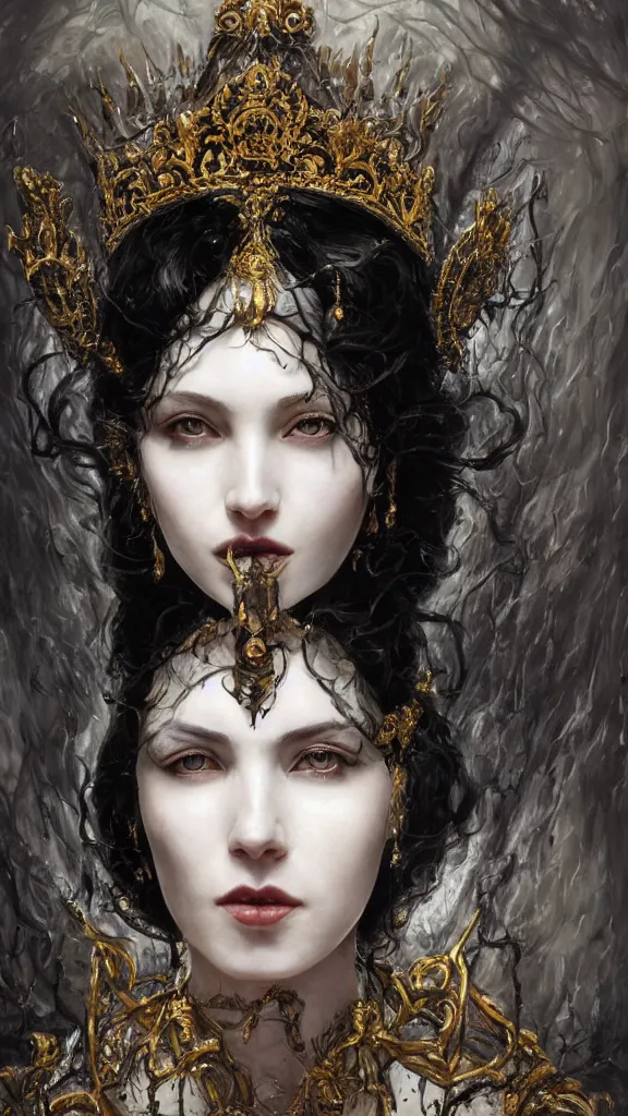 Image similar to a beautiful black haired woman with pale skin and a crown on her head sitted on an intricate metal throne, intimidating woman, large black eyes, high forehead, smooth pale skin, ethereal skin, ominous, eldritch. oil painting by nuri iyem, james gurney, james jean, greg rutkowski, highly detailed, soft lighting, chiaroscuro