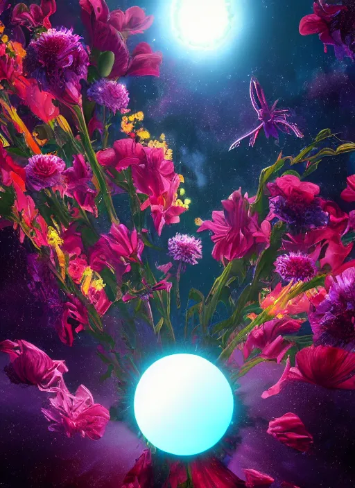 Image similar to An epic fantastic realism comic book style painting of the most beautiful flowers launched into space, bouquets, solar eclipse, fisheye, unreal 5, DAZ, hyperrealistic, octane render, dynamic lighting