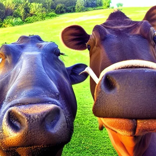 Image similar to selfie stick photo of a cow and it's hippopotamus best friend