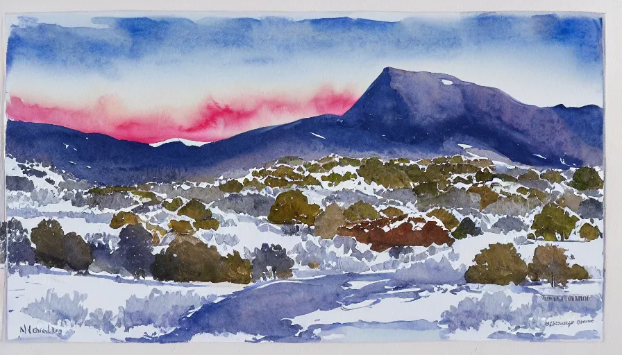 Image similar to norway, sunrise, countryside, mountains, winter, snow, trees, mountains, medium: watercolor and ink
