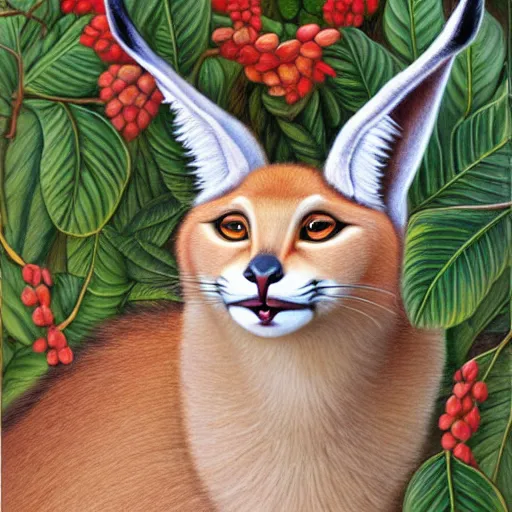 Image similar to fullbody portrait of humanoid anthropomorphic cute fluffy caracal with laurel wreath on his head, chaplet on head, illustration, high detail, francine van hove