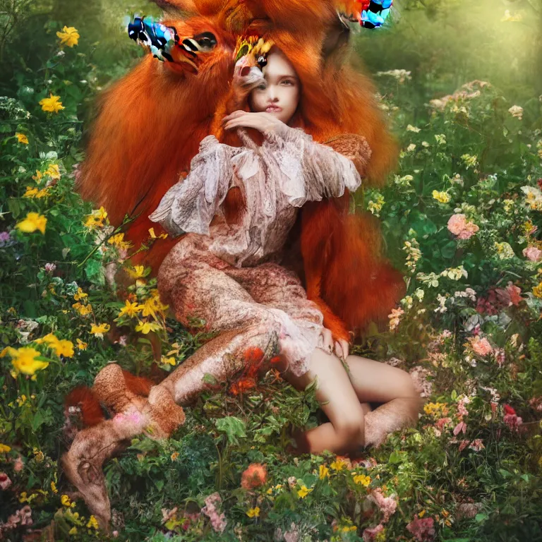 Prompt: photo of foxy girl in wonderland, realism, photorealism, sony a 7 r, high detailed