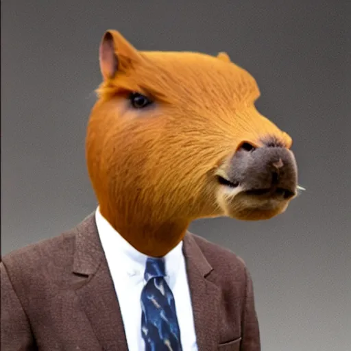 Image similar to capybara head, a man wearing a suit capybara head (smoking cigar)