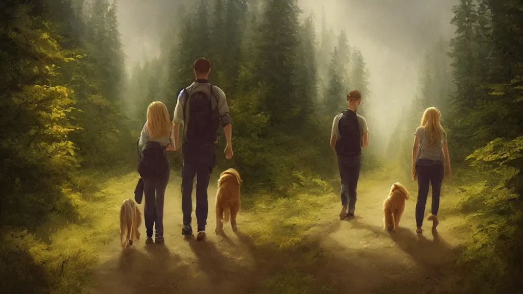 Image similar to “ one man, one women, one young boy, one golden retriever, walk on a trail in forest, mountains in the background, highly detailed, 4 k, by charlie bowater, by greg rutkowski ”