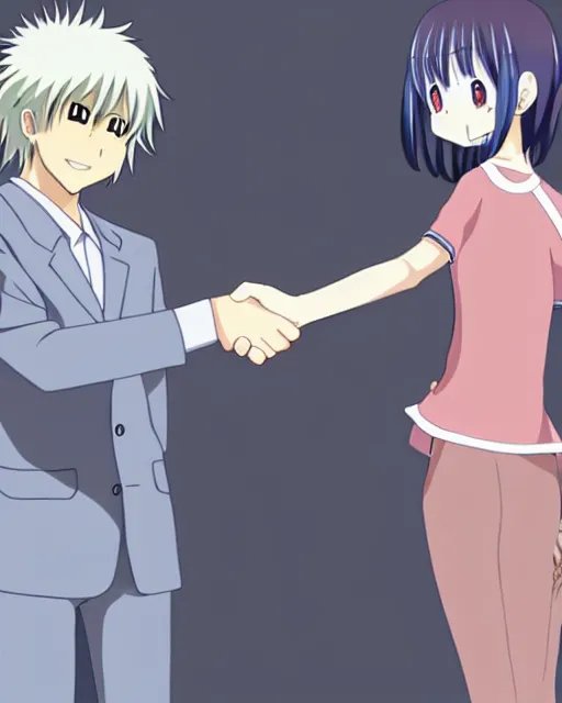 Prompt: a person shakes hands with an anime character in both styles