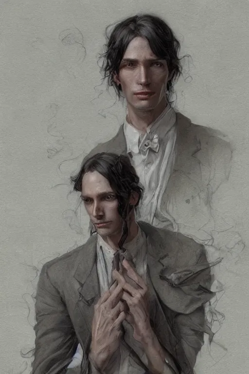 Prompt: skinny male fantasy scientist, long dark hair, 1 9 2 0 s, elegant, highly detailed, intricate, smooth, sharp focus, artstation, digital paining, concept art, art by donato giancola, greg rutkowski, artgerm, cedric peyravernay
