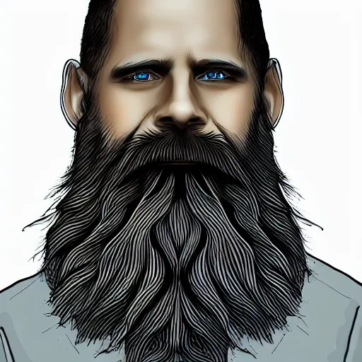 Prompt: man with beard, his irises are hexagons, digital art, highly detailed