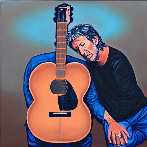 Prompt: “ Roger Waters and Eric Clapton kneeling before Mark Knopfler, oil painting, 4k”