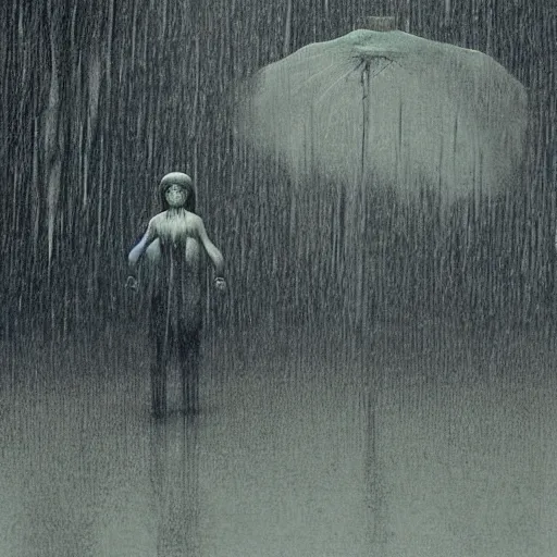 Prompt: digital photograph of yokai standing in tokyo rain. photorealism, by beksinski, by diane arbus, highly detailed