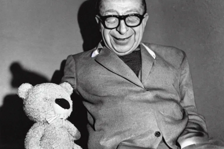 Prompt: Jean-Paul Sartre laughing at a teddy bear, photo,